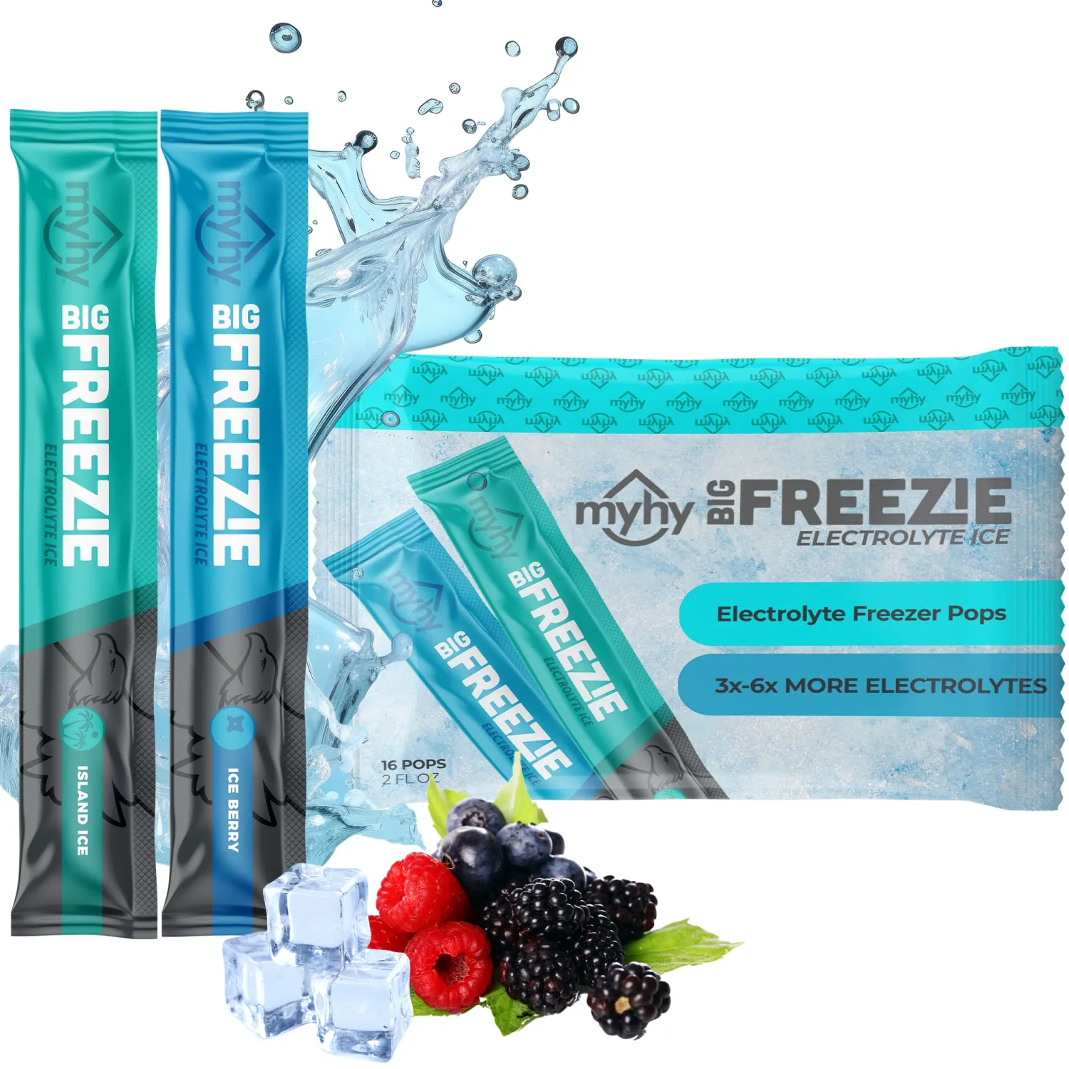 Big Freezie Electrolyte Popsicles - Electrolyte Freezer Pops, Hydration Popsicles for Adults & Kids, All Sport Freezer Pops for Active Lifestyle & Sweat Loss - Island Ice & Ice Berry, 16 Count