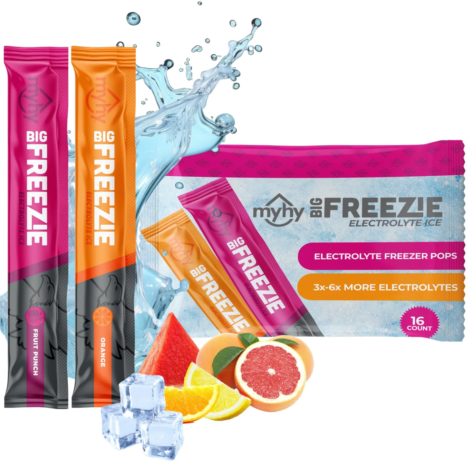 Big Freezie Electrolyte Popsicles - Electrolyte Freezer Pops, Hydration Popsicles for Adults & Kids, All Sport Freezer Pops for Active Lifestyle & Sweat Loss - Fruit Punch & Orange, 16 Count