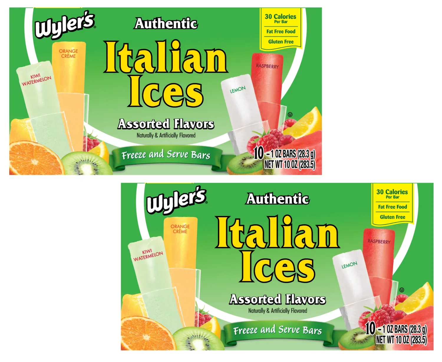 Wyler's Authentic Italian Ices Assorted Flavors - Pack of 2-10 Bars in Each Box - 20 Total Bars - Freeze and Serve Bars - Lemon, Raspberry, Orange Cream, Kiwi Strawberry