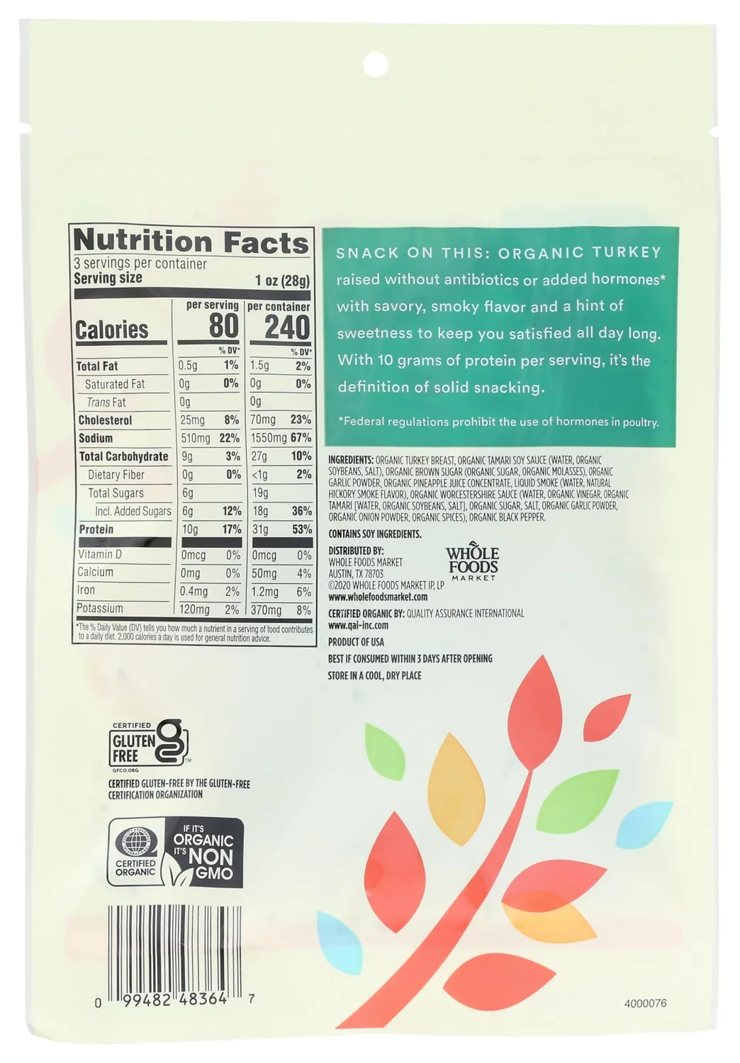 365 by Whole Foods Market, Jerky Turkey Teriyaki Organic, 3 Ounce