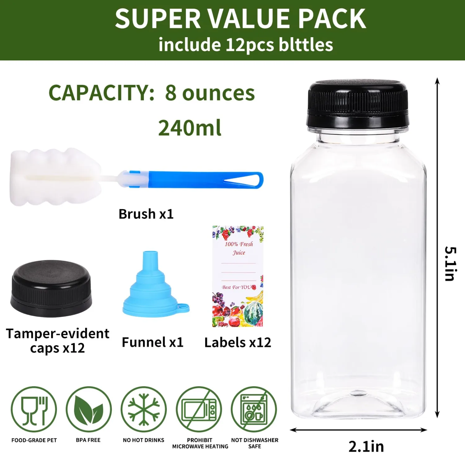 SUPERLELE 12pcs 8oz Plastic Juice Bottles with Caps, Reusable Clear Juice Containers with Labels, Funnel and Brush for Juicing, Smoothie, Milk