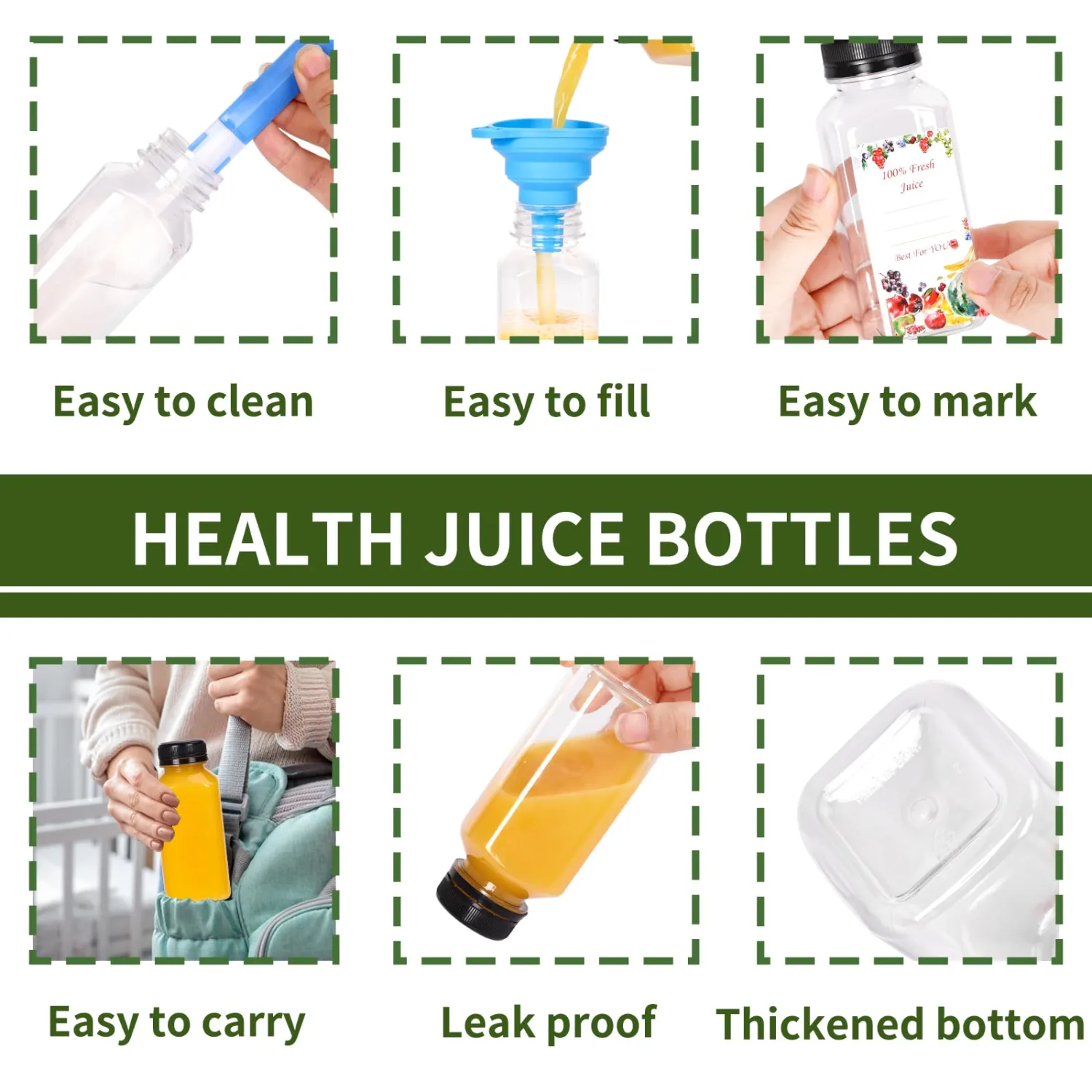 SUPERLELE 12pcs 8oz Plastic Juice Bottles with Caps, Reusable Clear Juice Containers with Labels, Funnel and Brush for Juicing, Smoothie, Milk