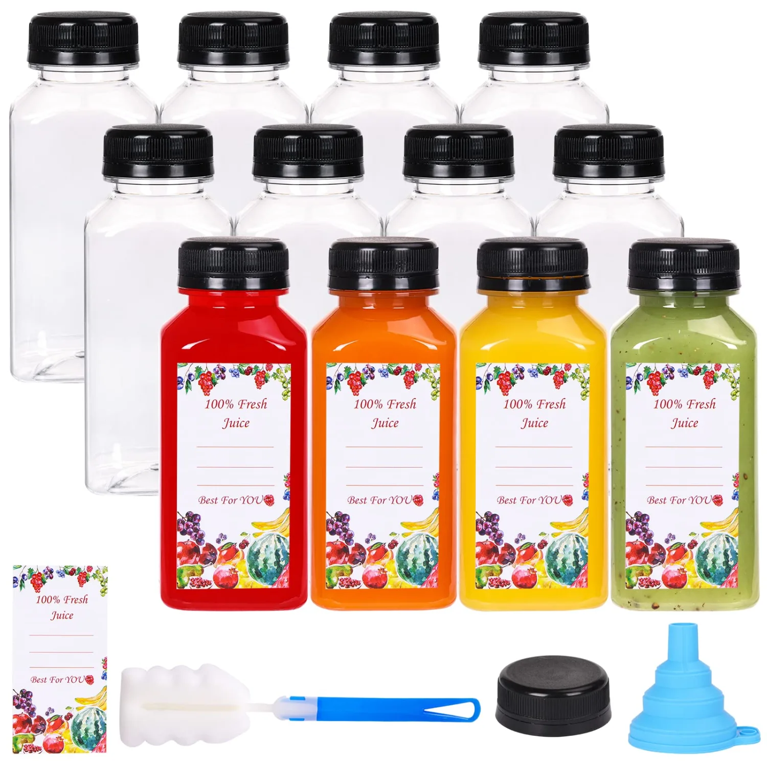 SUPERLELE 12pcs 8oz Plastic Juice Bottles with Caps, Reusable Clear Juice Containers with Labels, Funnel and Brush for Juicing, Smoothie, Milk