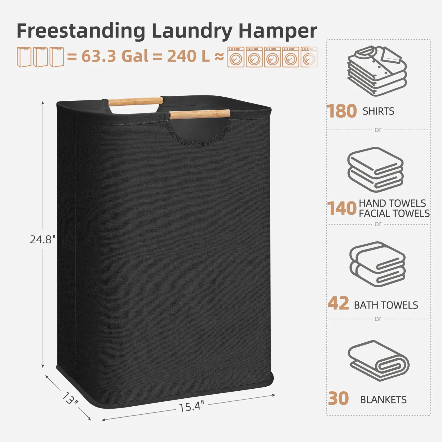 STORAGE MANIAC 3-Pack Large Laundry Hamper, 80L (21.1 Gal) Collapsible Laundry Basket with Bamboo Handles, Freestanding Waterproof Clothes Hamper for Laundry Room, Bedroom, Dorm, Towels, Toys, Black
