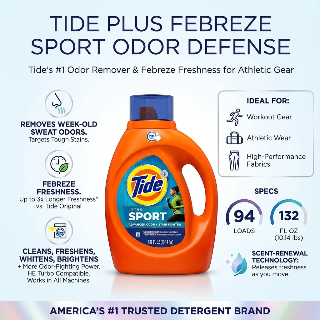 Tide Plus Febreze Sport Odor Defense Liquid Laundry Detergent Soap, HE Compatible, 94 Loads, 132 fl oz