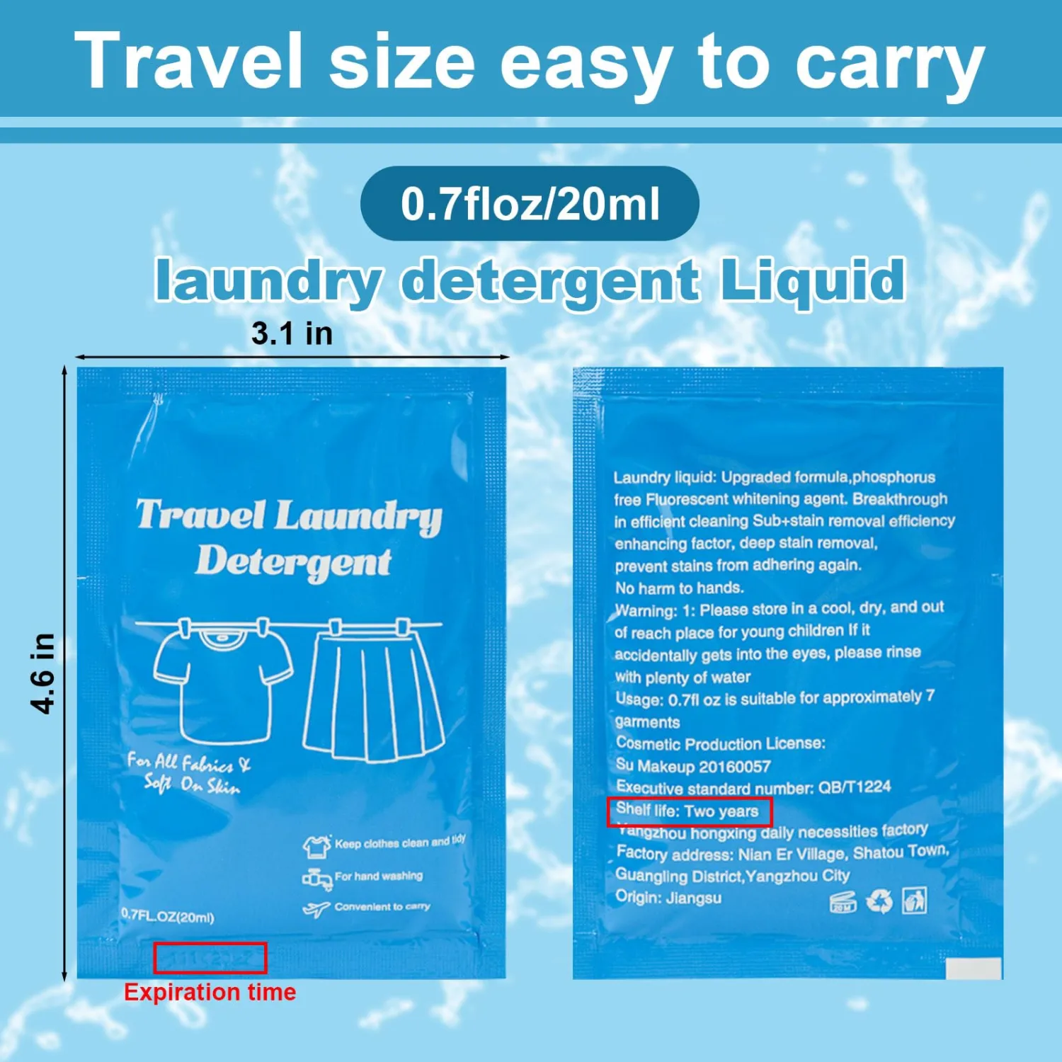Travel Size Liquid Laundry Detergent 0.7floz/20ml per Bag, Travel Laundry Detergent for Hand Washing,Laundry Soap Travel Size Suitable for All Fabrics in the sink in Hotel,Air Bnb (20)