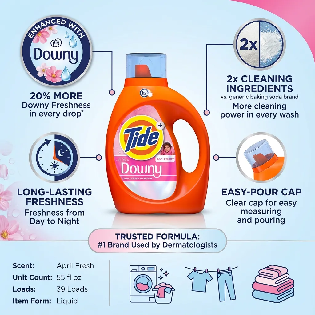 Tide Plus Boost of Ultra Downy Liquid Laundry Detergent, April Fresh Scent, 55 fl oz, 39 Loads, Laundry Detergent Liquid with Long-Lasting Freshness