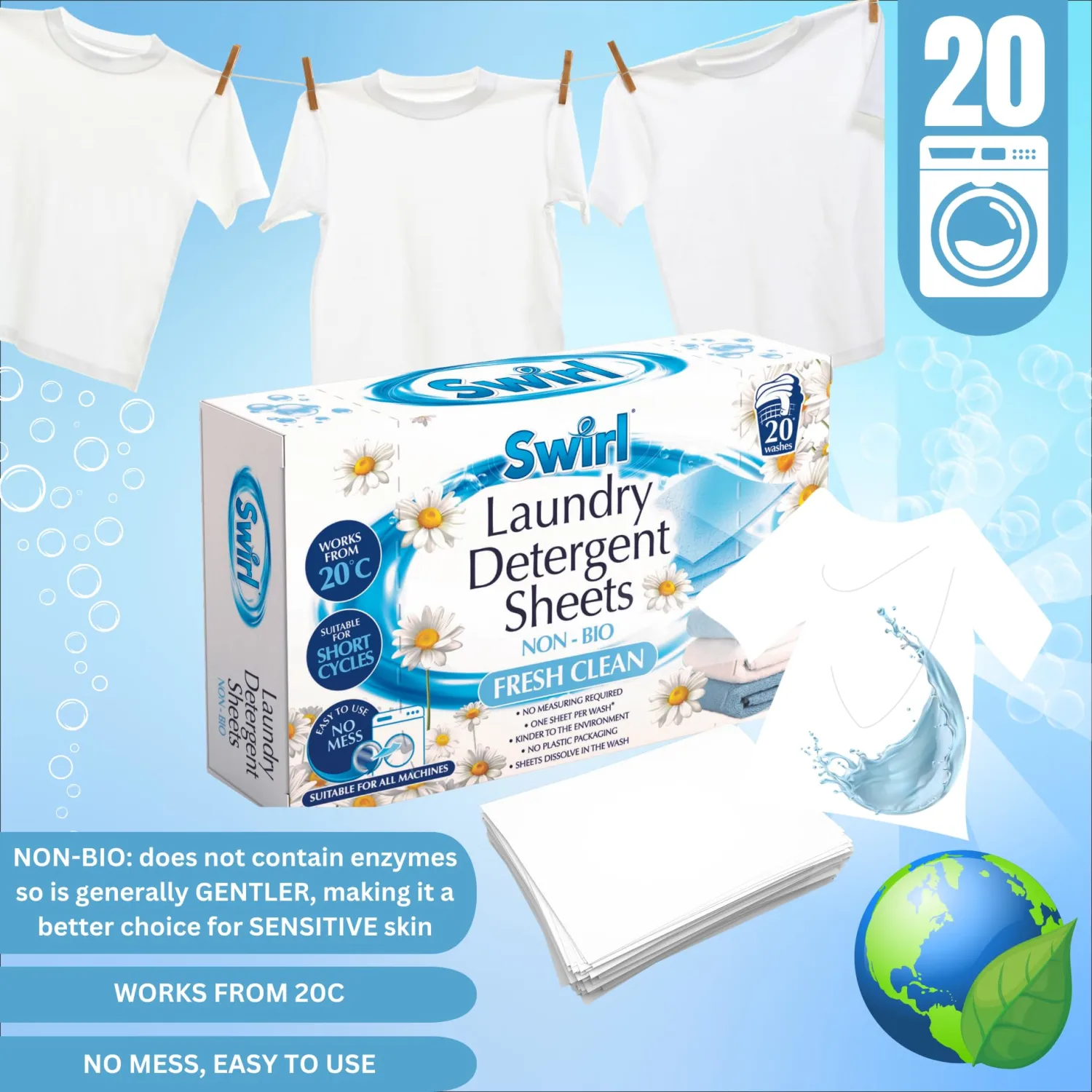 Swirl Fresh Clean Scent Laundry Detergent Sheets 2-Pack Bundle - 40 Eco-Friendly Washing Sheets for Effortless, No-Mess Laundry Experience by Great British Home