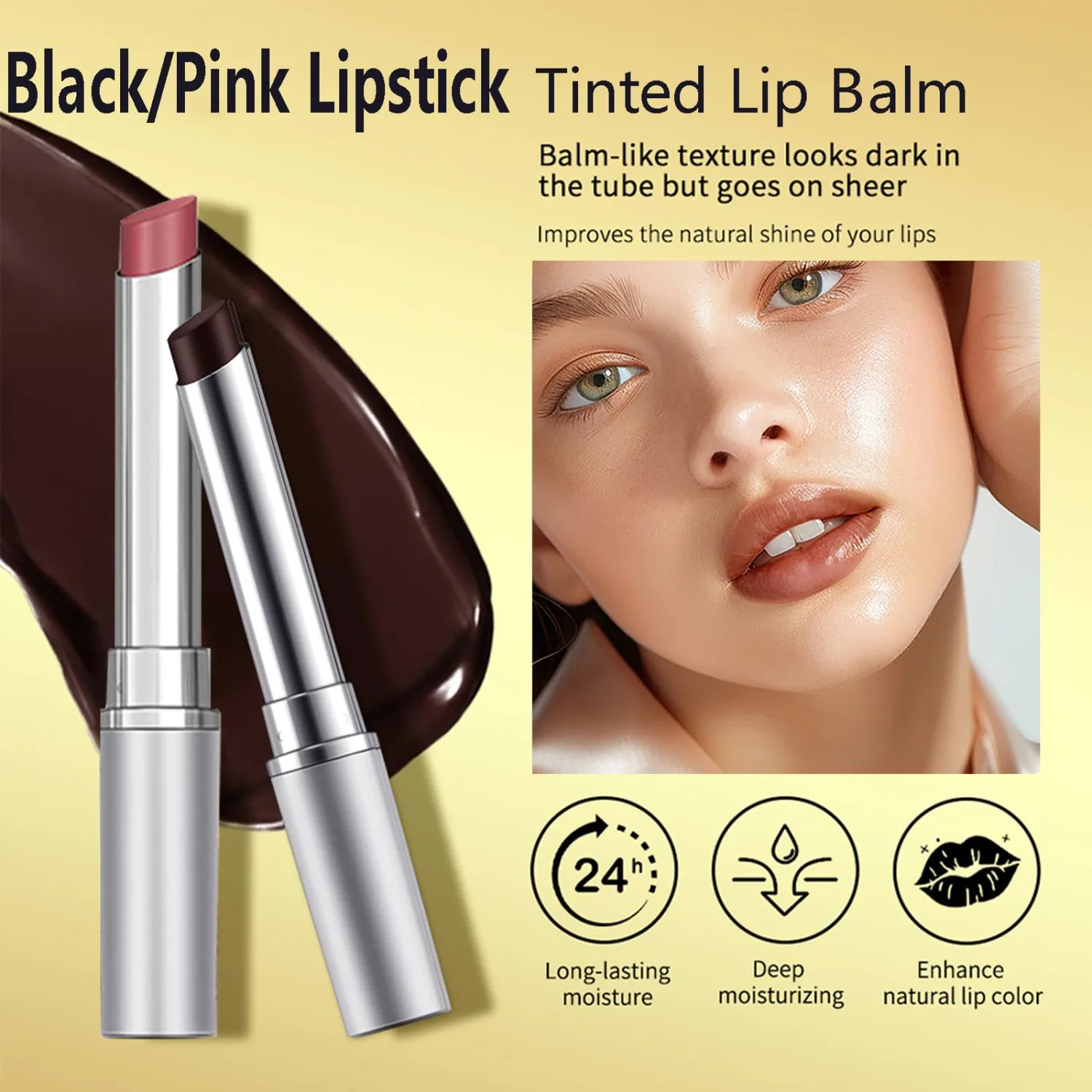 2Pcs Tinted Lip Balm, Black and Pink Lipstick, Hydrating Natural Glossy Lip Balm, Sheer Lightweight Color, Moisturizing Lipstick Makeup Lip Care Balm for Repairing Dry Lips