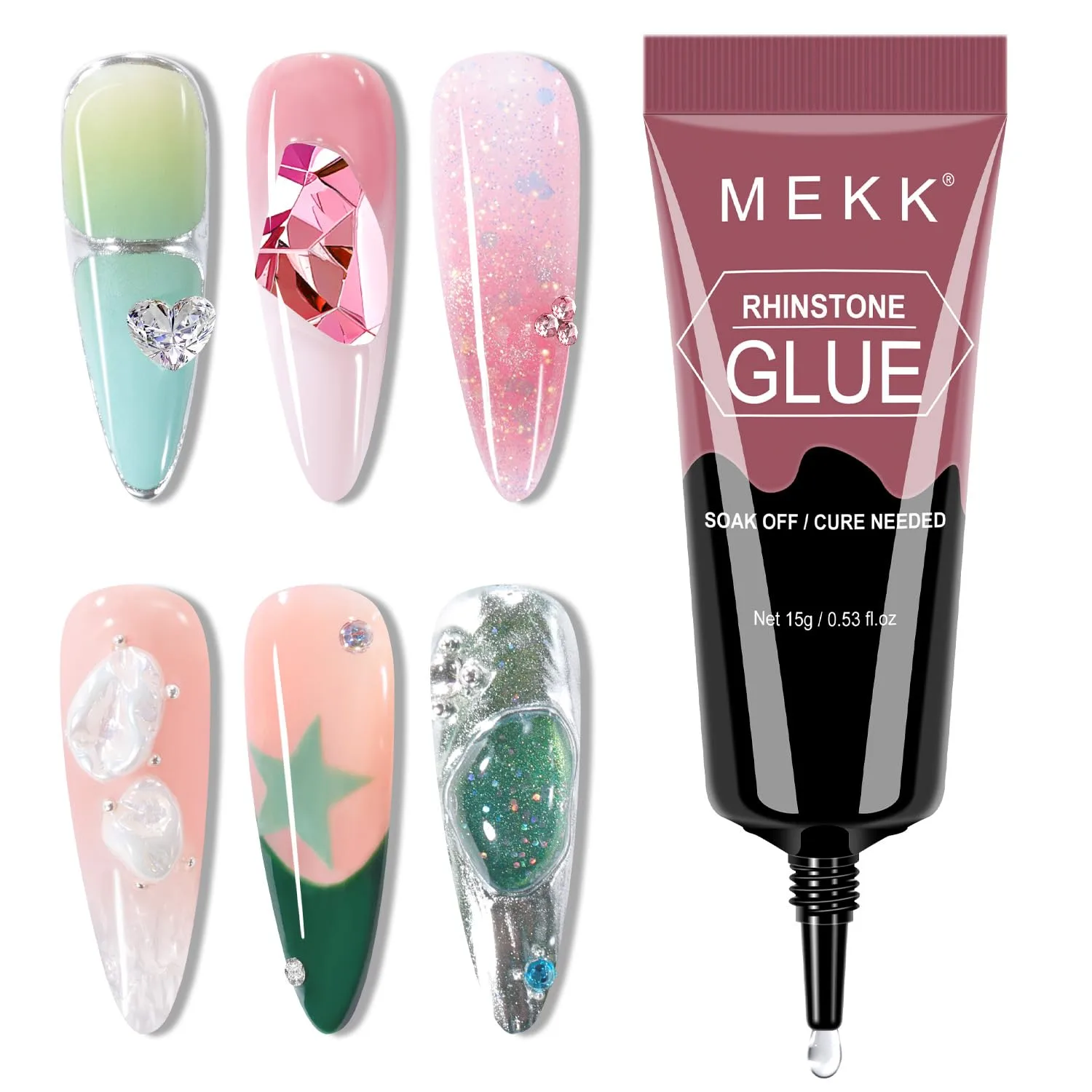 MEKK Rhinestone Glue for Nails,45g Super Strong No Wipe Nail Charm Glue,Crystals,Beads,Charms,Diamonds & Gems,Cure Needed 3D Gel for Nail Art