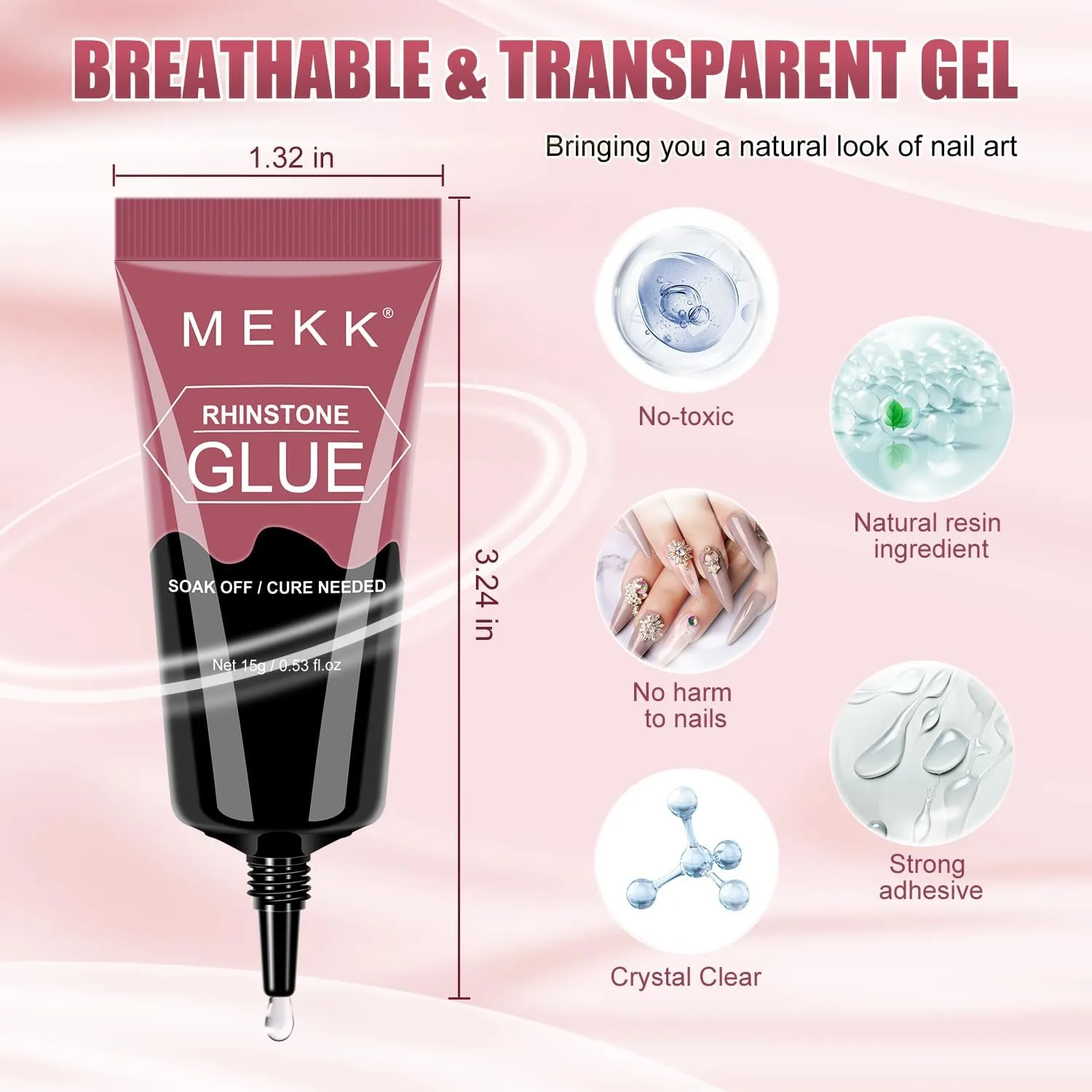 MEKK Rhinestone Glue for Nails,45g Super Strong No Wipe Nail Charm Glue,Crystals,Beads,Charms,Diamonds & Gems,Cure Needed 3D Gel for Nail Art