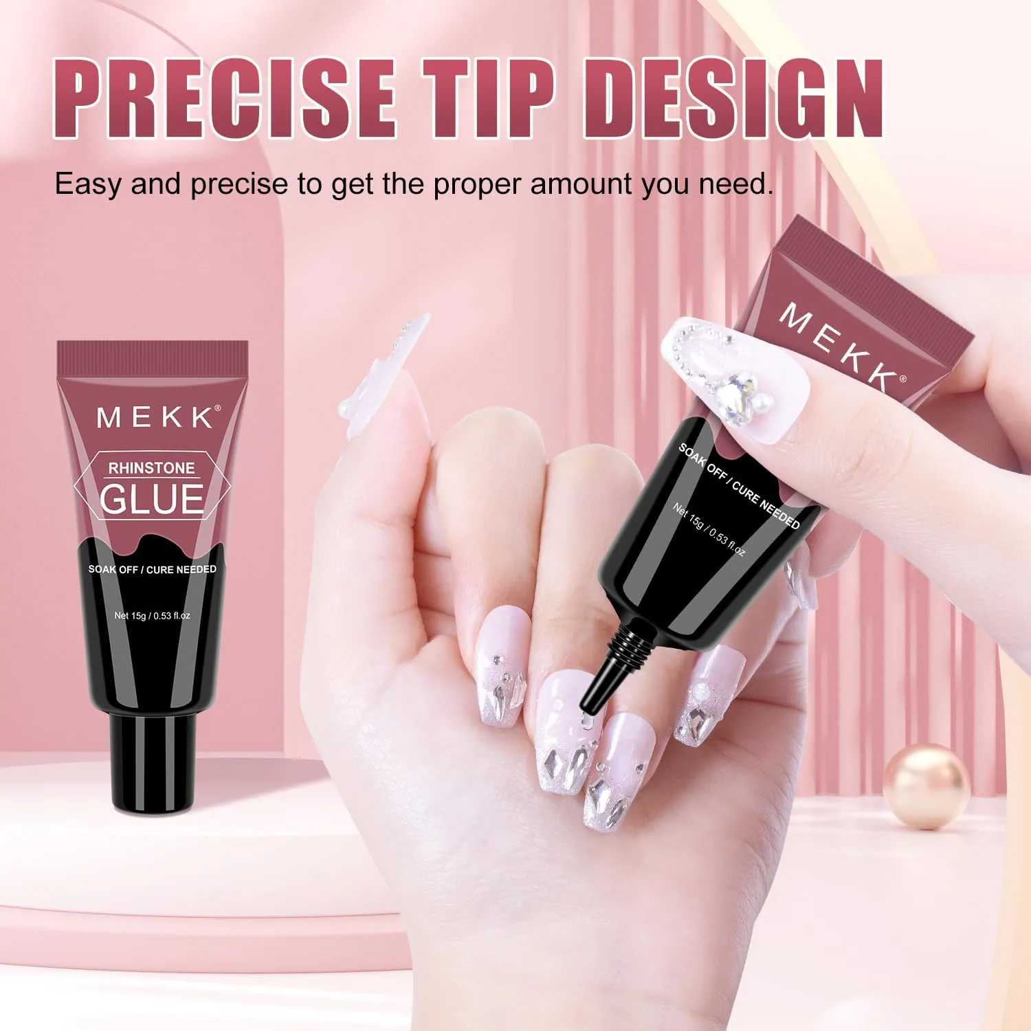 MEKK Rhinestone Glue for Nails,45g Super Strong No Wipe Nail Charm Glue,Crystals,Beads,Charms,Diamonds & Gems,Cure Needed 3D Gel for Nail Art