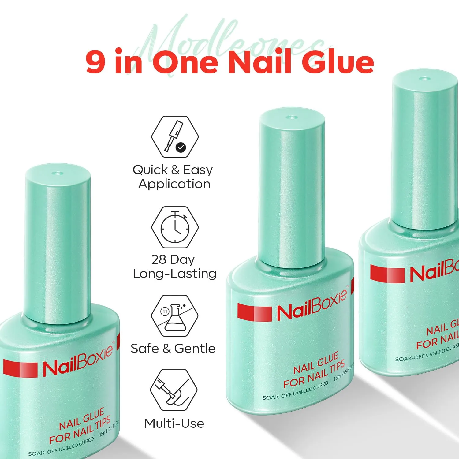 modelones Nail Glue for Nail Tips, 9 in One Glue for Press Ons, Clear Tips, Need U V Light Cured, 15ML