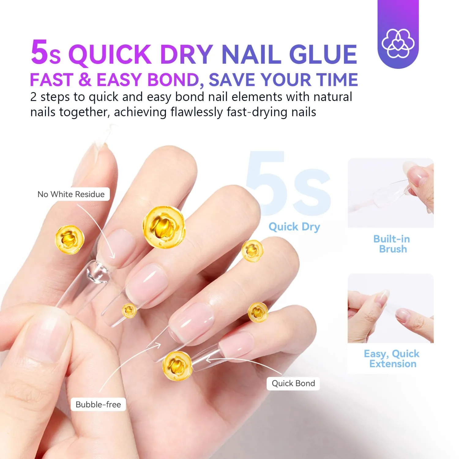 SAVILAND Nail Glue: 5s Dry Strong Nails Glues for Press On, Brush On for Acrylic Tips and Dip Powder, Professional Long Lasting French Tips Tool Easy to Use 0.34 oz