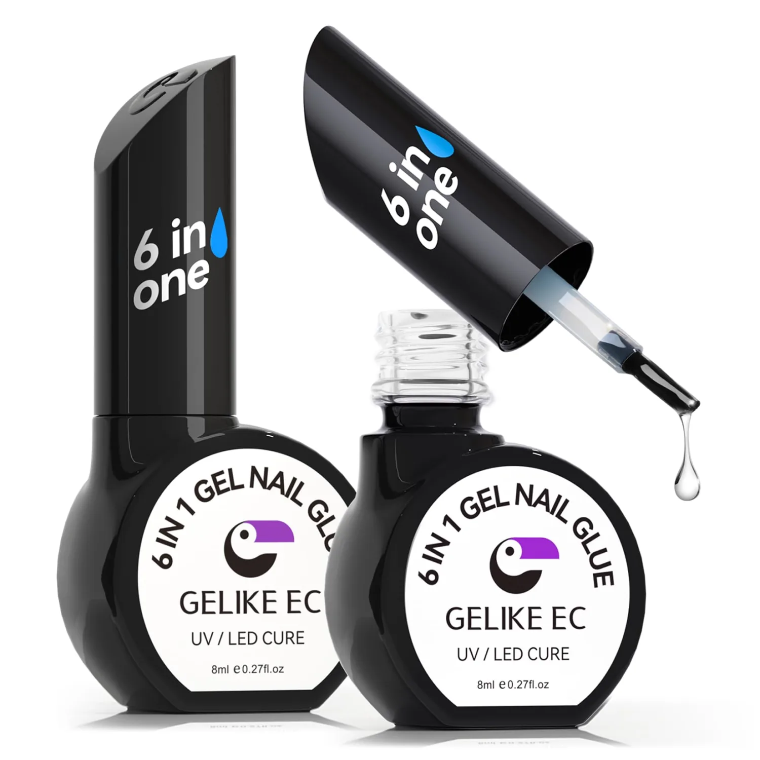 Gelike EC Gel Glue UV - 6 in 1 Strong Adhesive for Press on Nails, Acrylic Tips, Base Coat Free, 2PCS