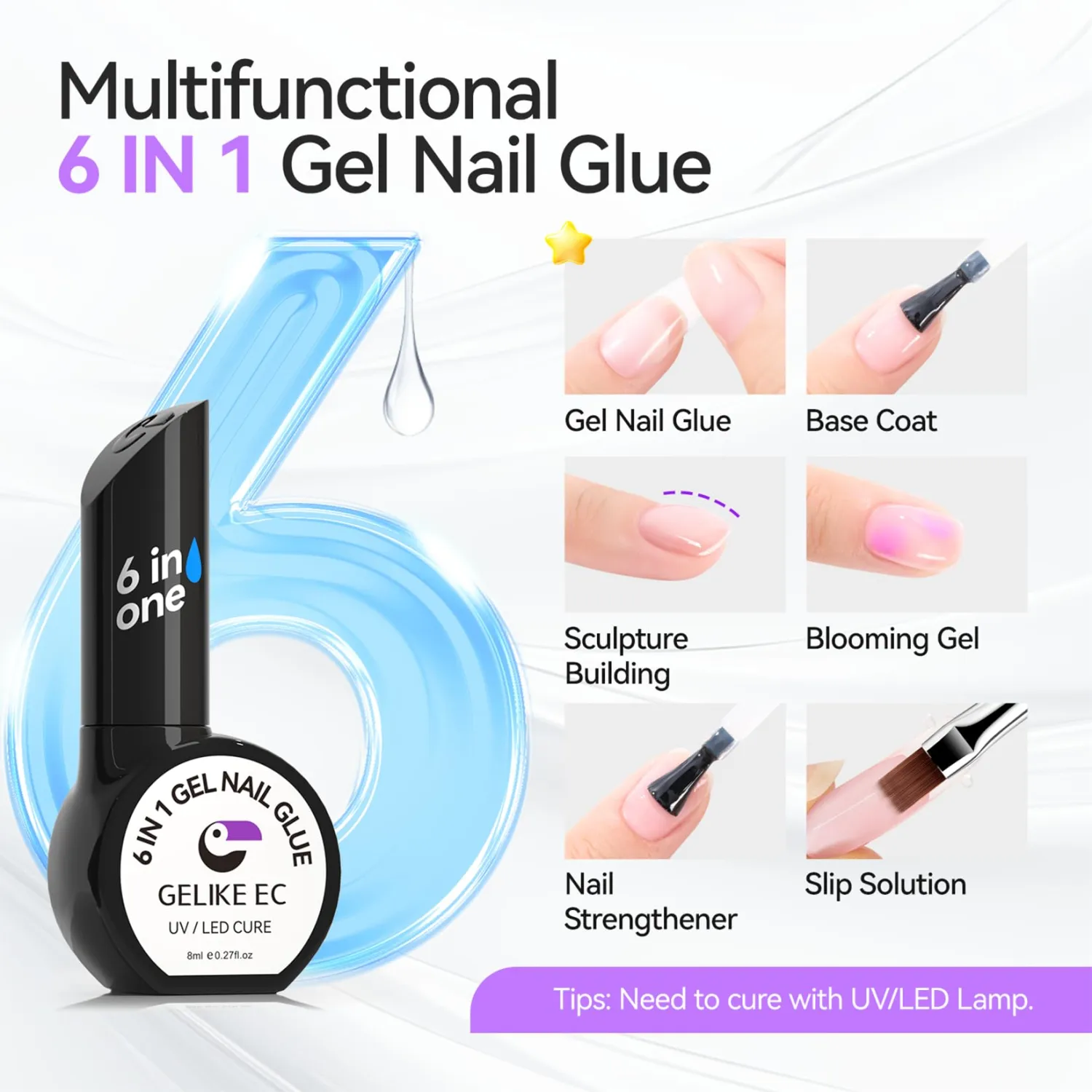 Gelike EC Gel Glue UV - 6 in 1 Strong Adhesive for Press on Nails, Acrylic Tips, Base Coat Free, 2PCS