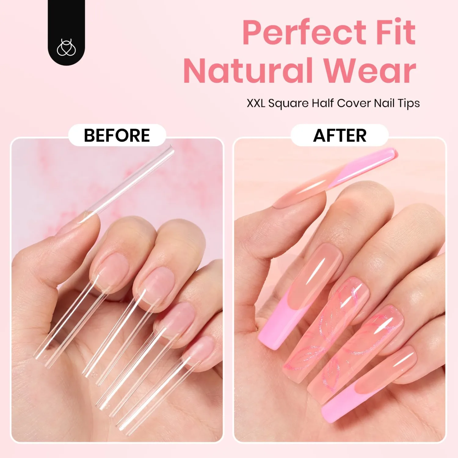 Beetles Gel Nail Tips Square XXL Extra Long Nails for Acrylic Nails Professional, 288 PCS 12 Sizes Half Cover Straight Clear Fake Nails No C Curve Nail Tips with Quick Dry Nail Glue