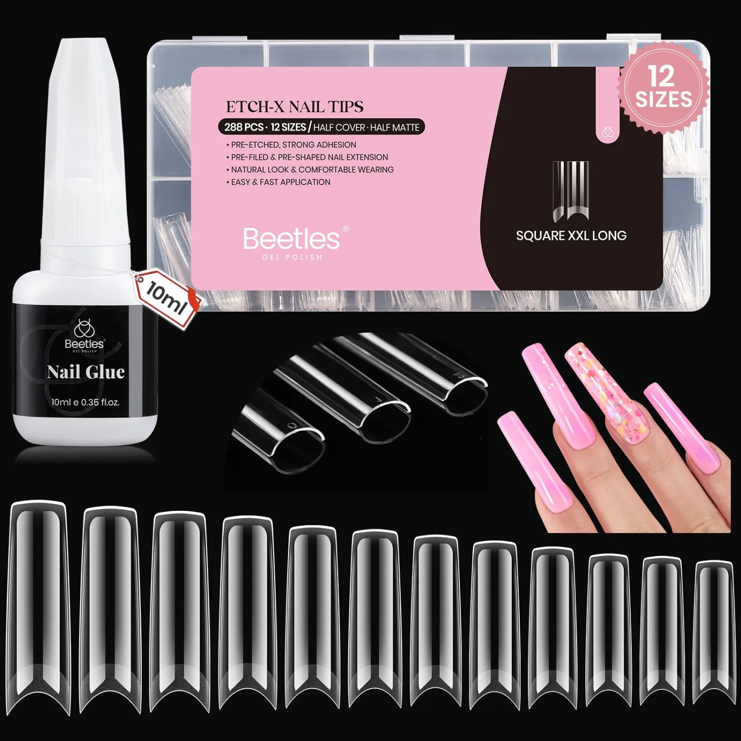 Beetles Gel Nail Tips Square XXL Extra Long Nails for Acrylic Nails Professional, 288 PCS 12 Sizes Half Cover Straight Clear Fake Nails No C Curve Nail Tips with Quick Dry Nail Glue