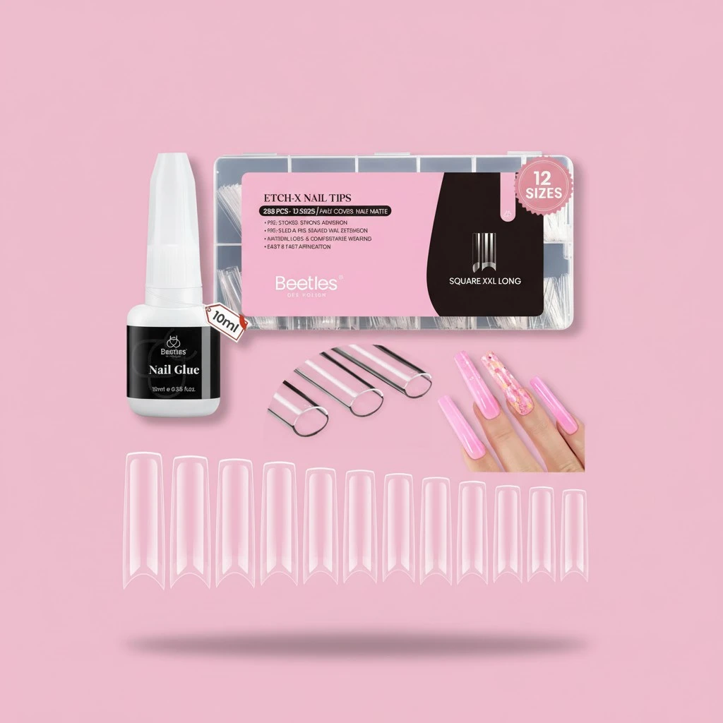Beetles Gel Nail Tips Square XXL Extra Long Nails for Acrylic Nails Professional, 288 PCS 12 Sizes Half Cover Straight Clear Fake Nails No C Curve Nail Tips with Quick Dry Nail Glue