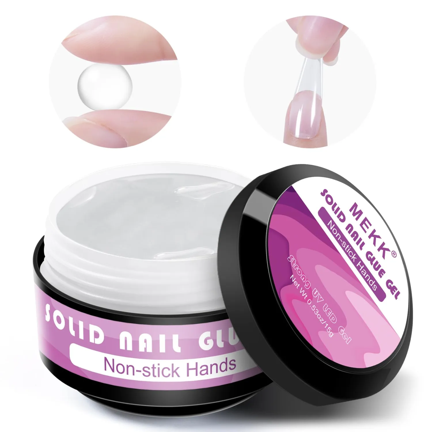 MEKK Solid Nail Glue 15g,Long Lasting Clear Gel Nail Glue for Acrylic & Press Ons,Non Stick Hard Gel for Nail 3D Art,Cure Needed,Salon & Home Use