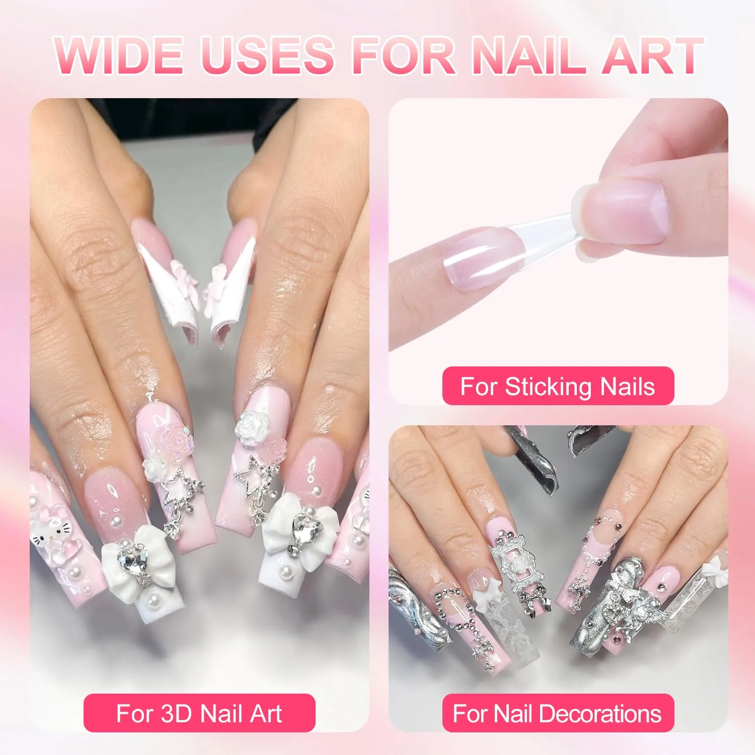 MEKK Solid Nail Glue 15g,Long Lasting Clear Gel Nail Glue for Acrylic & Press Ons,Non Stick Hard Gel for Nail 3D Art,Cure Needed,Salon & Home Use