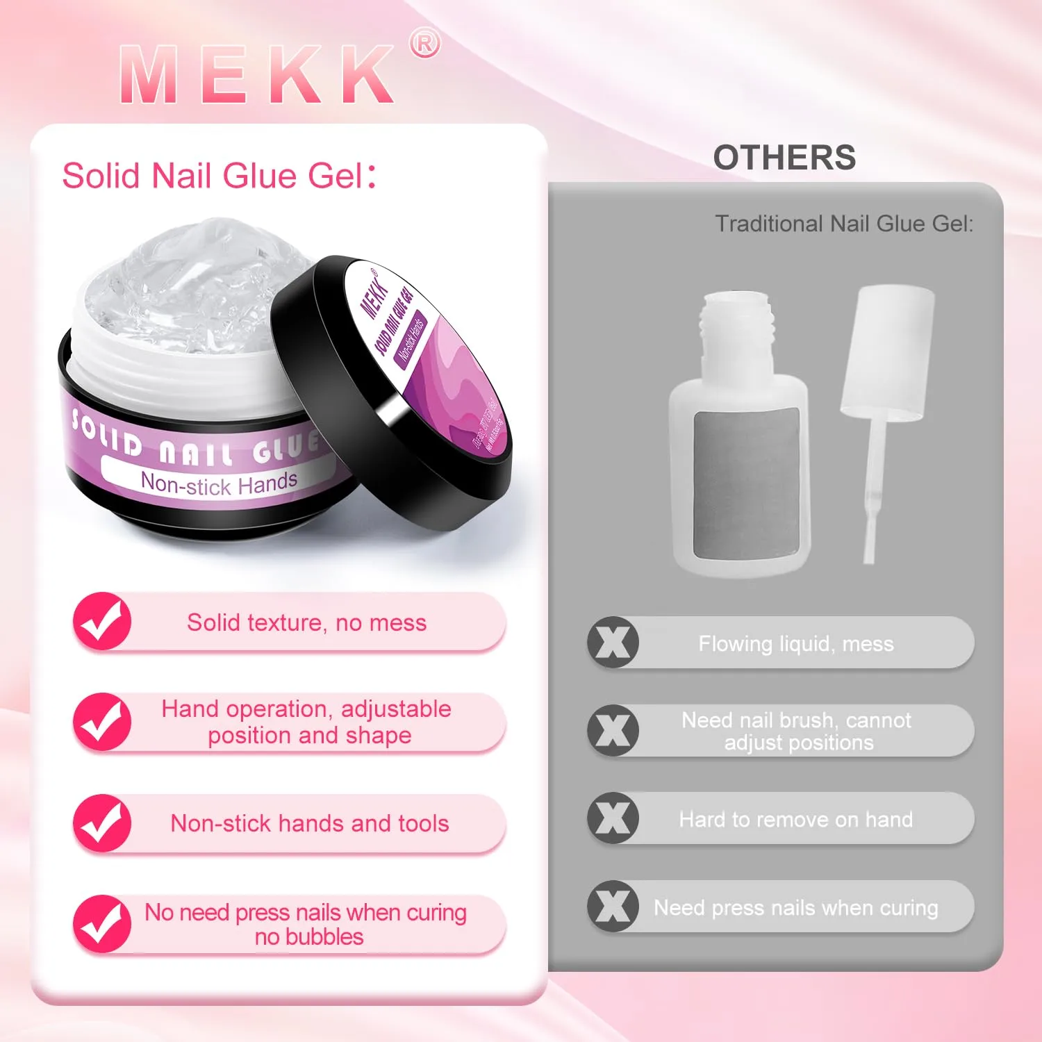 MEKK Solid Nail Glue 15g,Long Lasting Clear Gel Nail Glue for Acrylic & Press Ons,Non Stick Hard Gel for Nail 3D Art,Cure Needed,Salon & Home Use