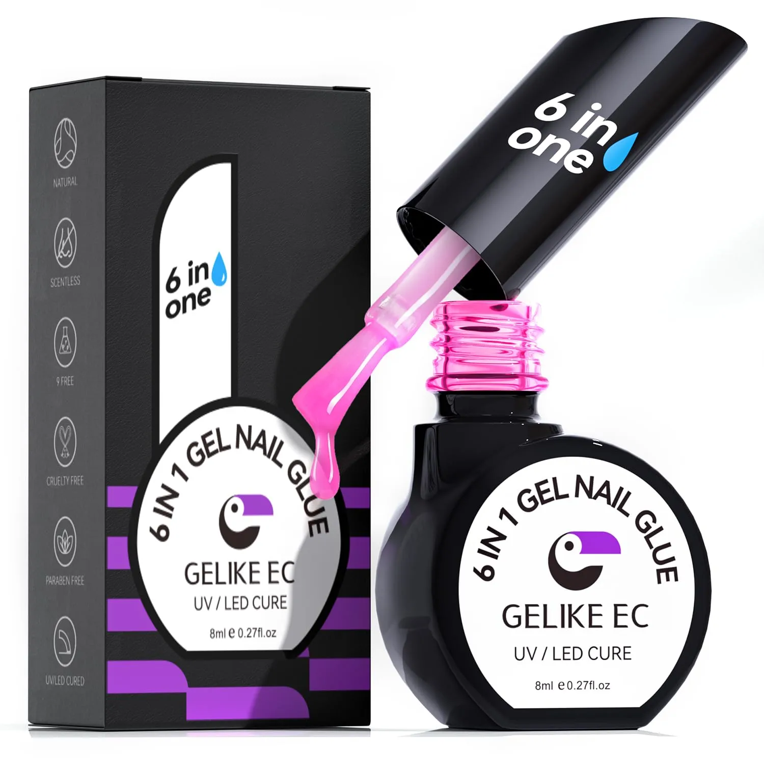 UV Glue for Nails - 6 in 1 UV Nail Glue with Jelly Gel Polish Base Coat,Gelike EC Strong Adhesive for Press on Nails Acrylic Tips,Ideal for Salon and Beginners