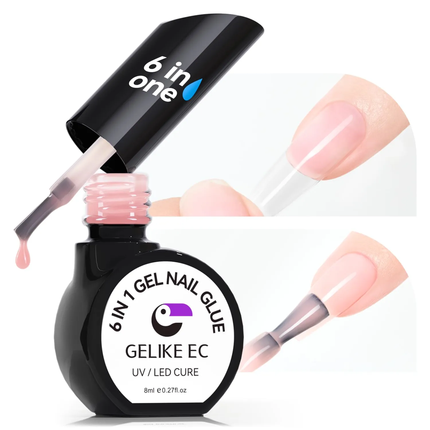 gelike ec Gel Nail Glue UV - 6 in 1 Gel Glue for Nail Tips with Peachy Jelly Color, Base Coat Free, Strong Adhesive for Press on Nails Acrylic Tips, Ideal for Salon Lover and Beginners