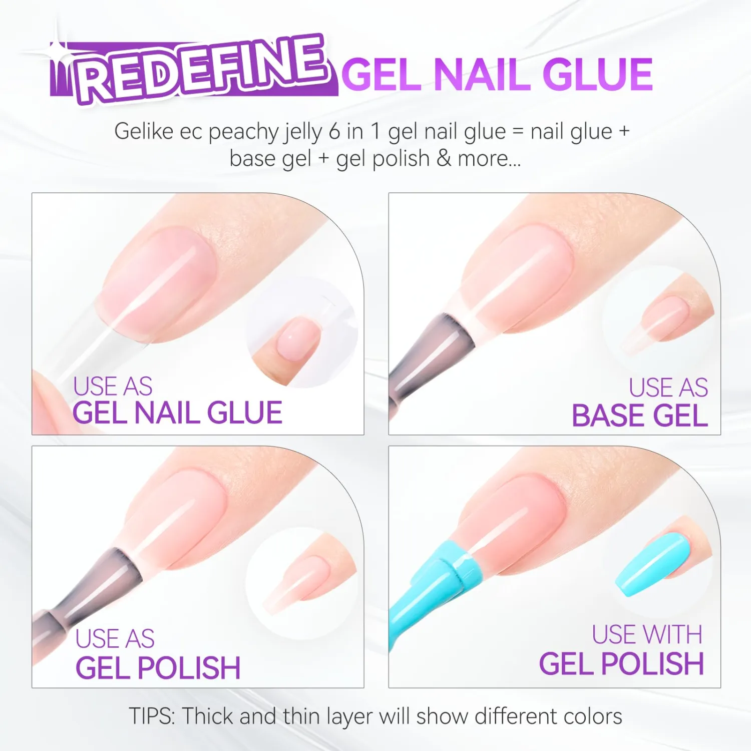 gelike ec Gel Nail Glue UV - 6 in 1 Gel Glue for Nail Tips with Peachy Jelly Color, Base Coat Free, Strong Adhesive for Press on Nails Acrylic Tips, Ideal for Salon Lover and Beginners