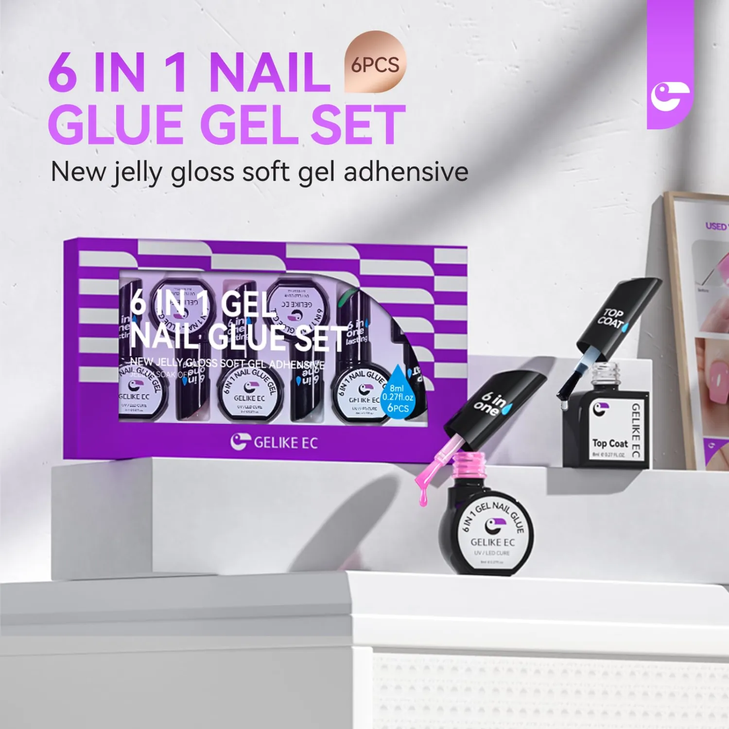 Salon Gel Nail Polish Glue Kit: Gelike EC 6 in 1 Nail Glue and Top Coat Gel, Summer Jelly Color Polish of 5 for Wedding and Daily Events Nailart Design…