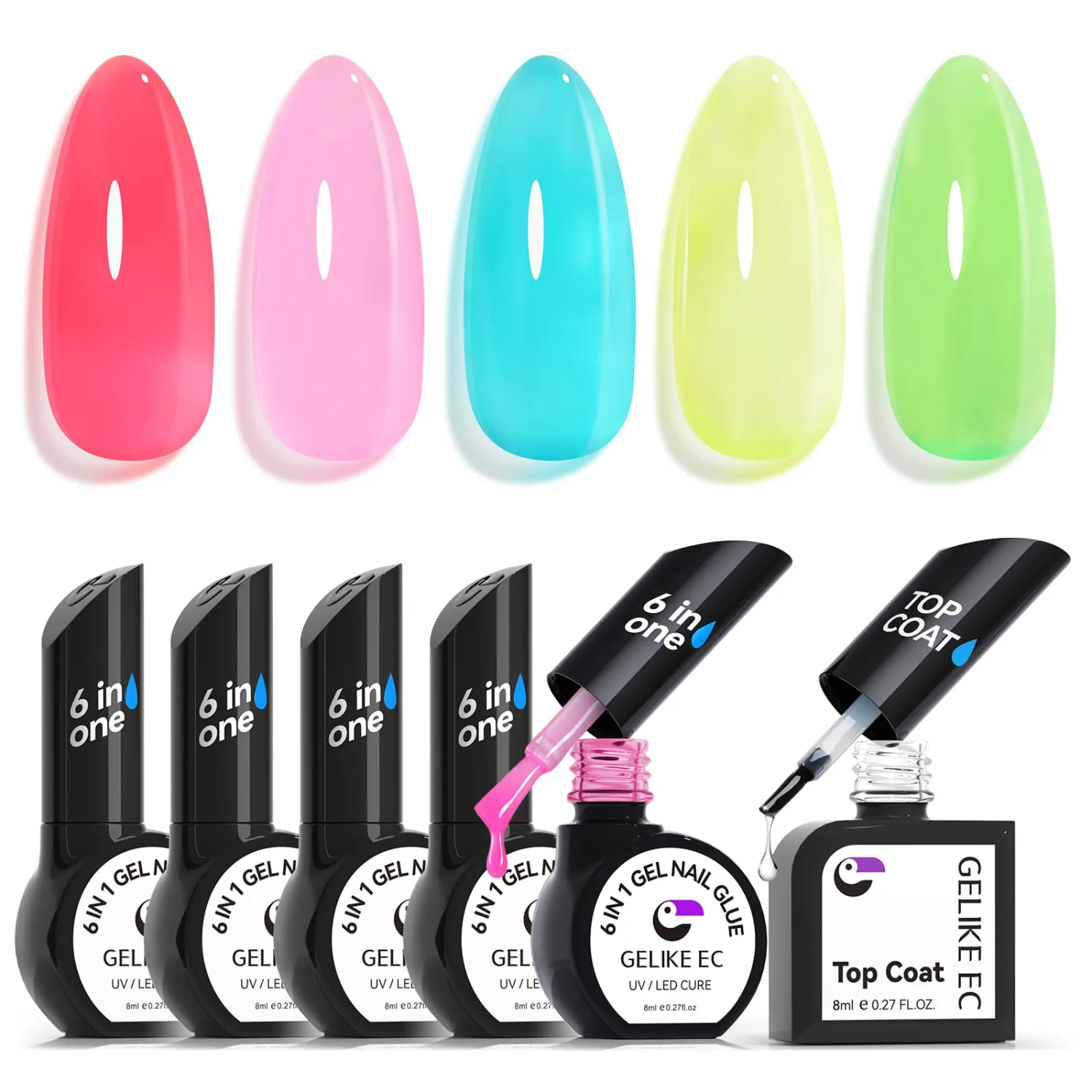 Salon Gel Nail Polish Glue Kit: Gelike EC 6 in 1 Nail Glue and Top Coat Gel, Summer Jelly Color Polish of 5 for Wedding and Daily Events Nailart Design…