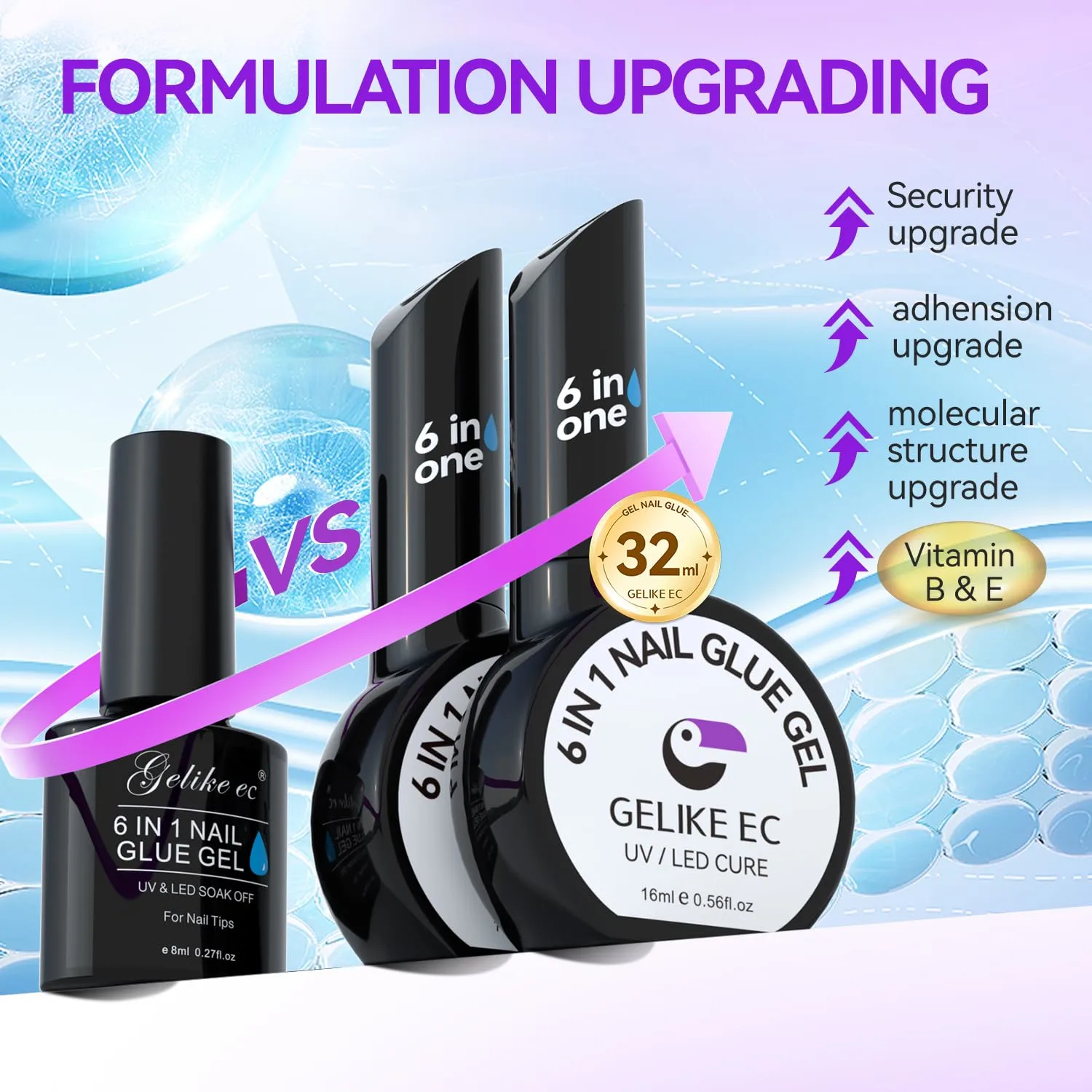 Gelike EC 6 in 1 Adhesive Gel Nail Polish: 2 Pcs UV Light Strong Glue for Press On Nails, Long Last Kit Gift for Home Salon Beginner DIY, 32ML