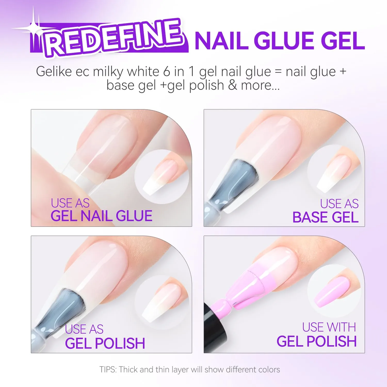 Gelike EC 6 in 1 Adhesive Gel Nail Polish: 2 Pcs UV Light Strong Glue for Press On Nails, Long Last Kit Gift for Home Salon Beginner DIY, 32ML