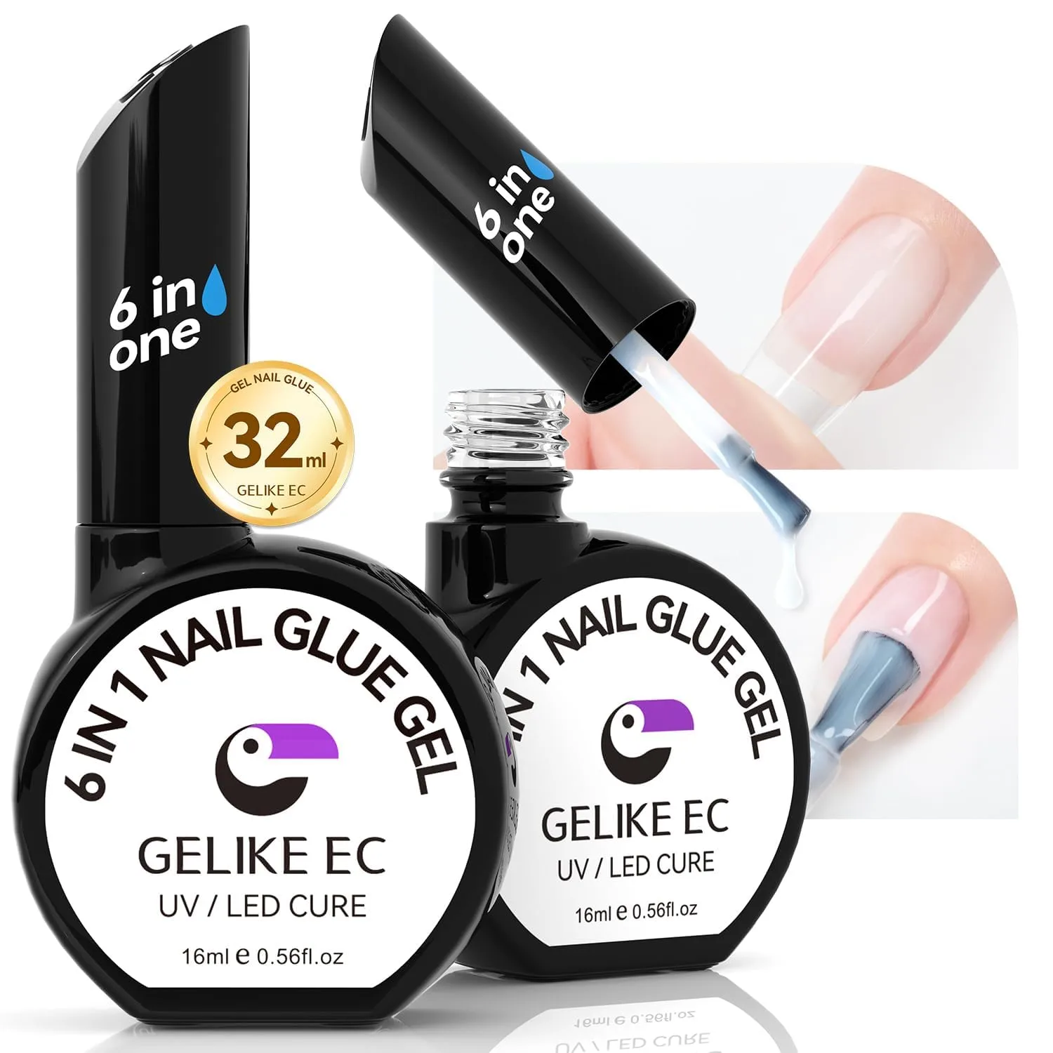 Gelike EC 6 in 1 Adhesive Gel Nail Polish: 2 Pcs UV Light Strong Glue for Press On Nails, Long Last Kit Gift for Home Salon Beginner DIY, 32ML