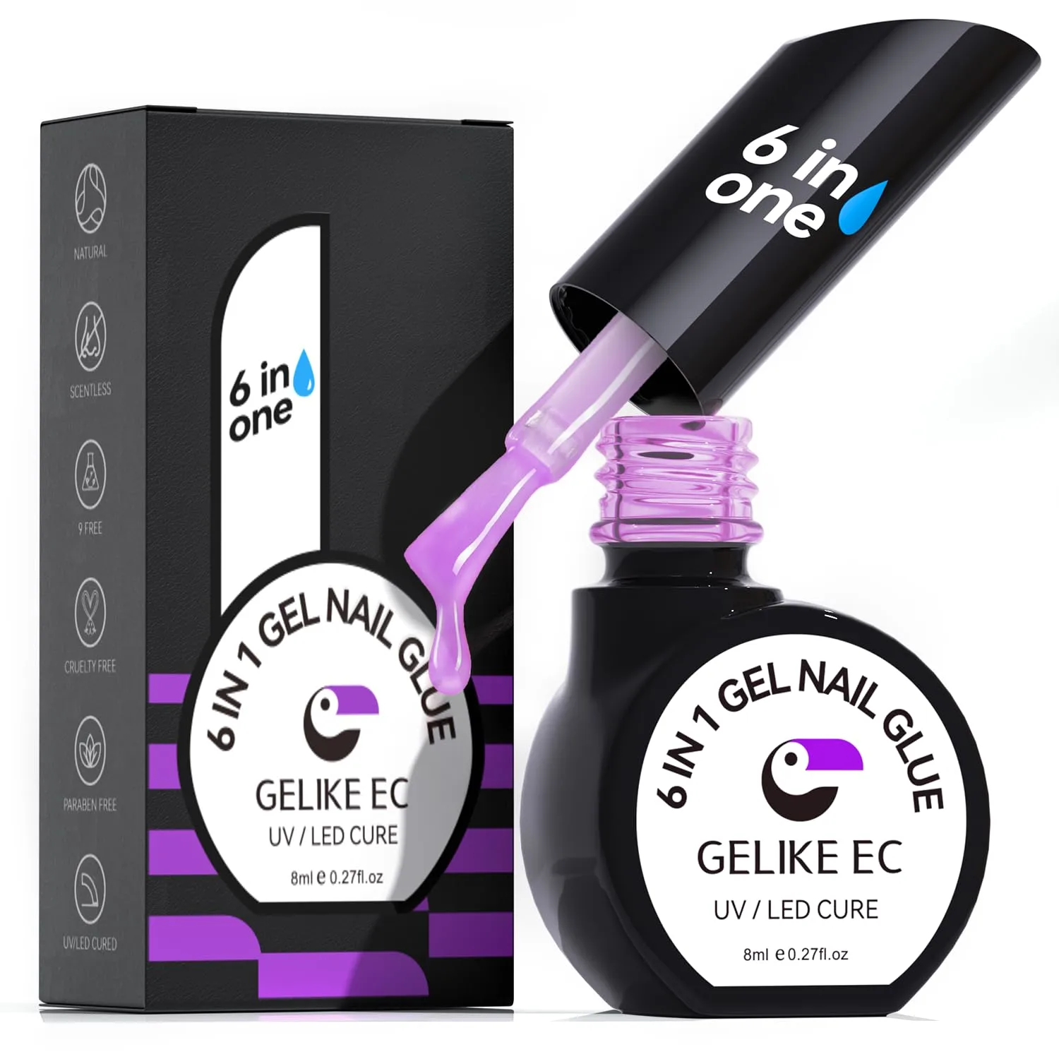 Professional Gel Nail Glue UV - 6 in 1 Gel Glue for Nail Tips with Purple Jelly Gel Polish,Base Coat Free,Gelike EC Strong Adhesive for Press on Nail,Ideal for Salon and Home DIY