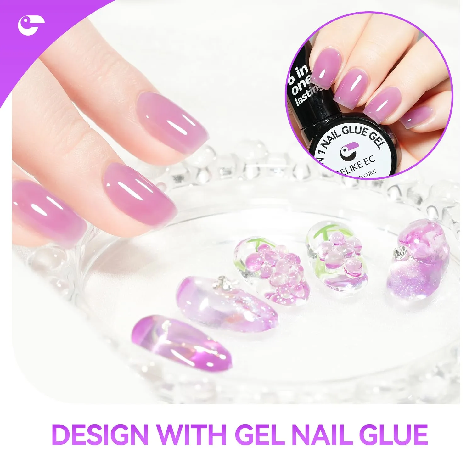 Professional Gel Nail Glue UV - 6 in 1 Gel Glue for Nail Tips with Purple Jelly Gel Polish,Base Coat Free,Gelike EC Strong Adhesive for Press on Nail,Ideal for Salon and Home DIY