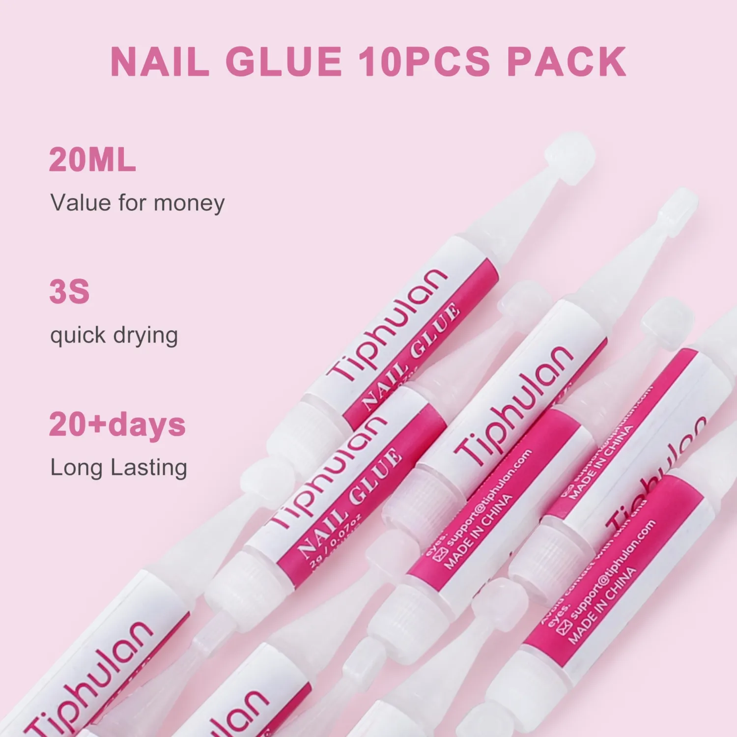 10Pcs 20ml Professional Nail Glue for Press On Nails, Nail Tips, Acrylic Nails - Super Strong, Quick-Drying & Long-Lasting, Easy to Open