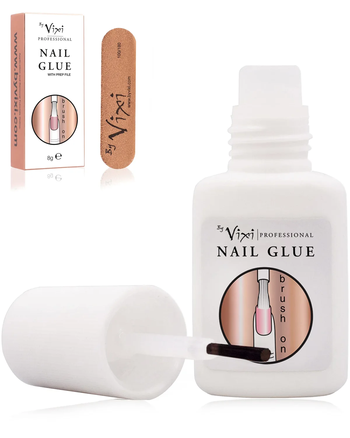 8g By Vixi Extra Strong Nail Glue with Brush and Free PREP File Clear Instant Dry Adhesive, Professional Salon Quality