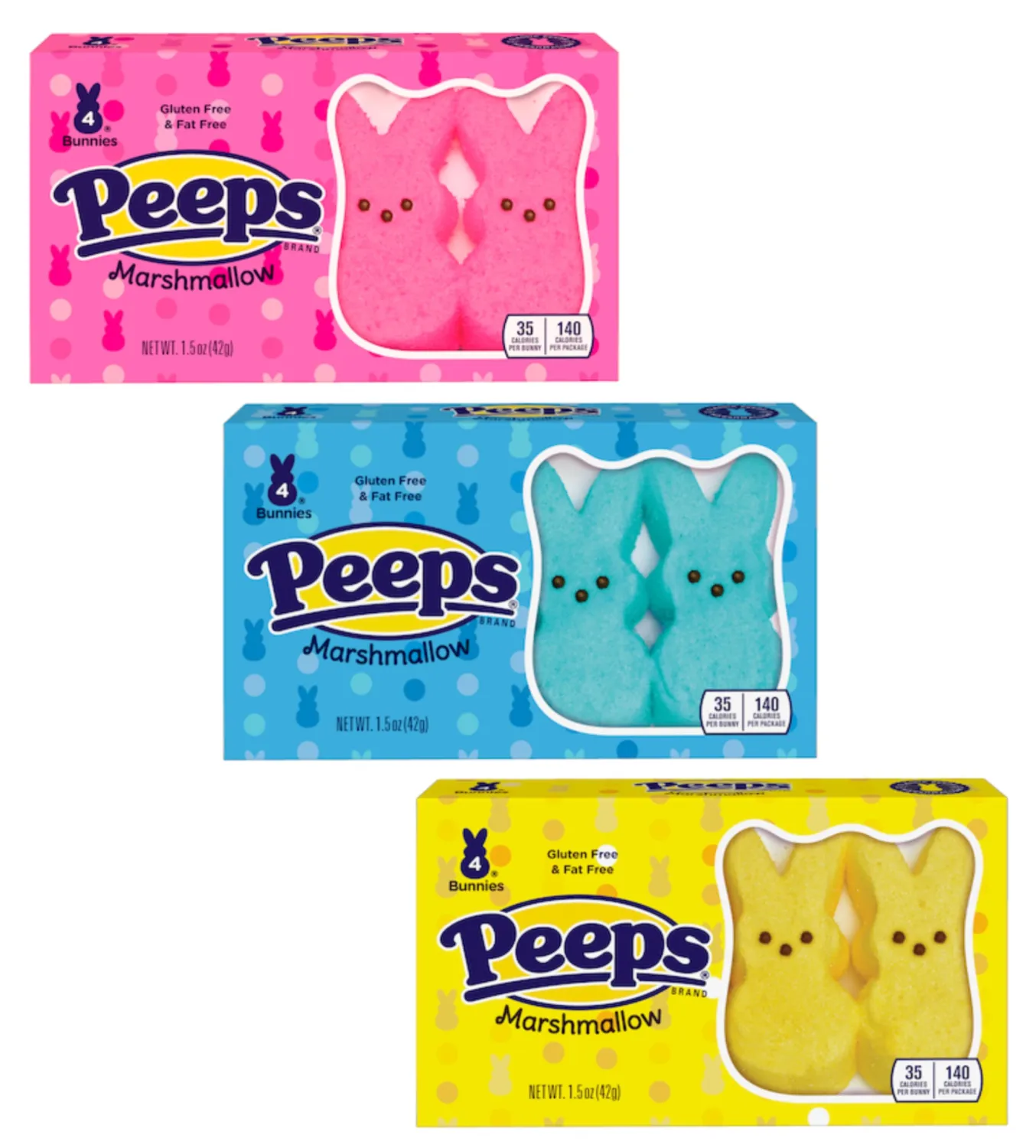 Peeps Marshmallow Bunnies - Smiling Sweets - Pack of 3 - One of Box of Each Color - Blue, Pink and Yellow - Perfect for Easter Baskets - Classic Treat Everyone is Sure to Love
