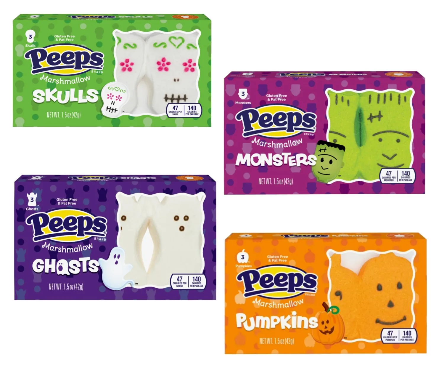 Smiling Sweets Halloween Peep Variety Pack of Marshmallows, Delicious Classic Treats with One Packet Each, Skulls, Pumpkins, Monsters and Ghosts (Pack of 4)