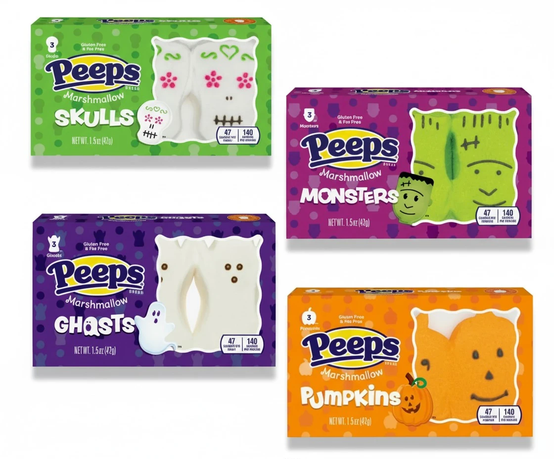 Smiling Sweets Halloween Peep Variety Pack of Marshmallows, Delicious Classic Treats with One Packet Each, Skulls, Pumpkins, Monsters and Ghosts (Pack of 4)