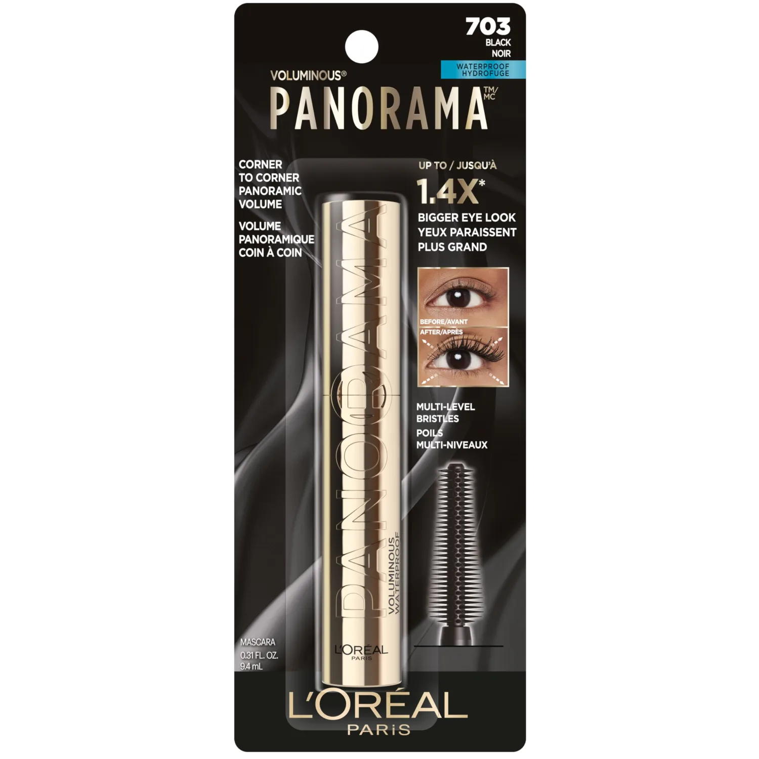L’Oréal Paris Voluminous Panorama Mascara, Volumizing and Lengthening Mascara, Waterproof Longwear and Smudge Resistant Make Up, Black, 0.33 Fl Oz