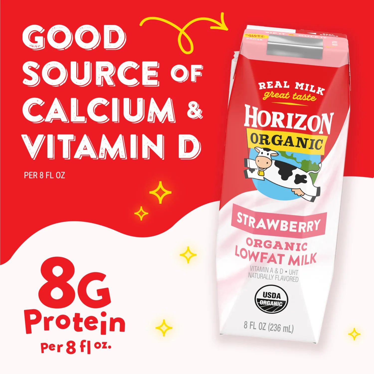 Horizon Organic Shelf-Stable 1% Lowfat Milk Boxes, Strawberry, 8 Fl Oz, 6 Pack