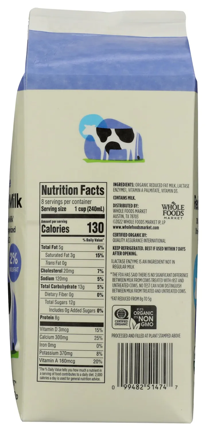 365 By Whole Foods Market, Milk Lactose Free Reduced Fat Organic, 64 Fl Oz