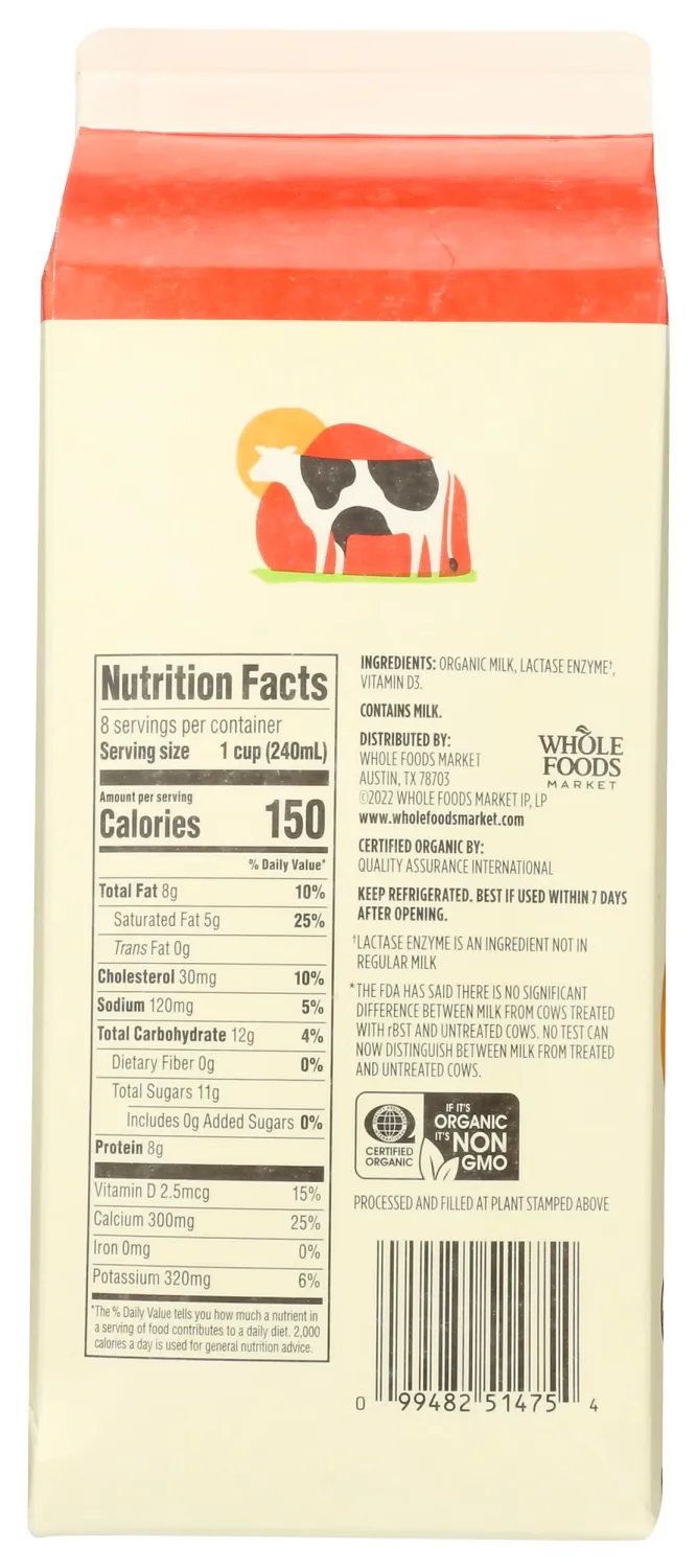 365 By Whole Foods Market, Milk Lactose Free Whole Organic, 64 Fl Oz