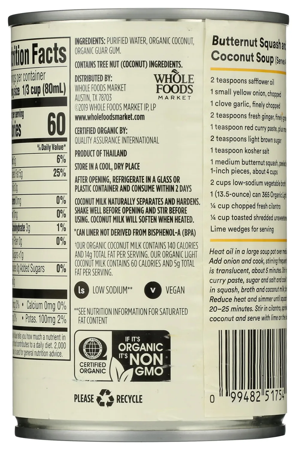 365 By Whole Foods Market, Coconut Milk Light Organic, 13.5 Ounce