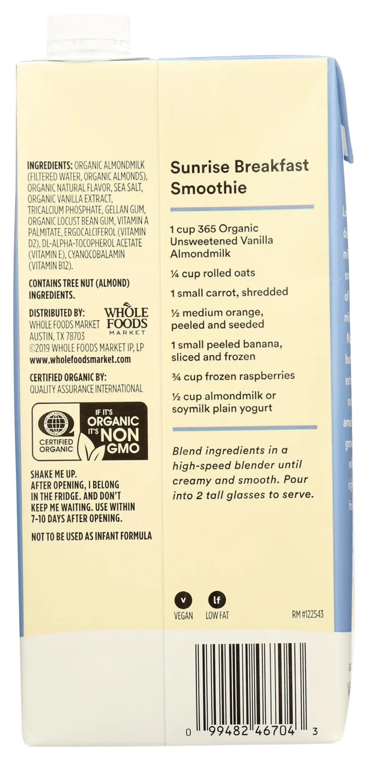 365 by Whole Foods Market, Organic Unsweetened Vanilla Almond Milk, 32 Fl Oz