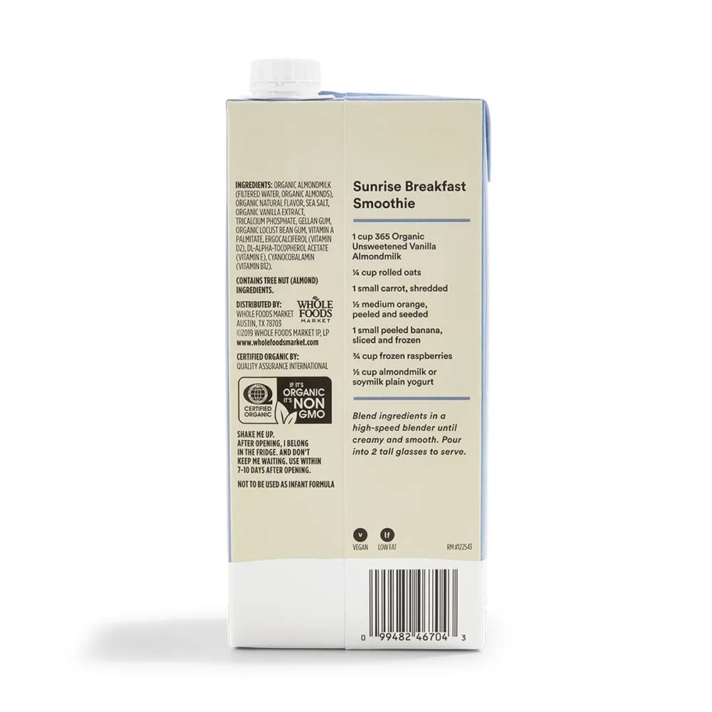 365 by Whole Foods Market, Organic Unsweetened Vanilla Almond Milk, 32 Fl Oz (Pack of 2)