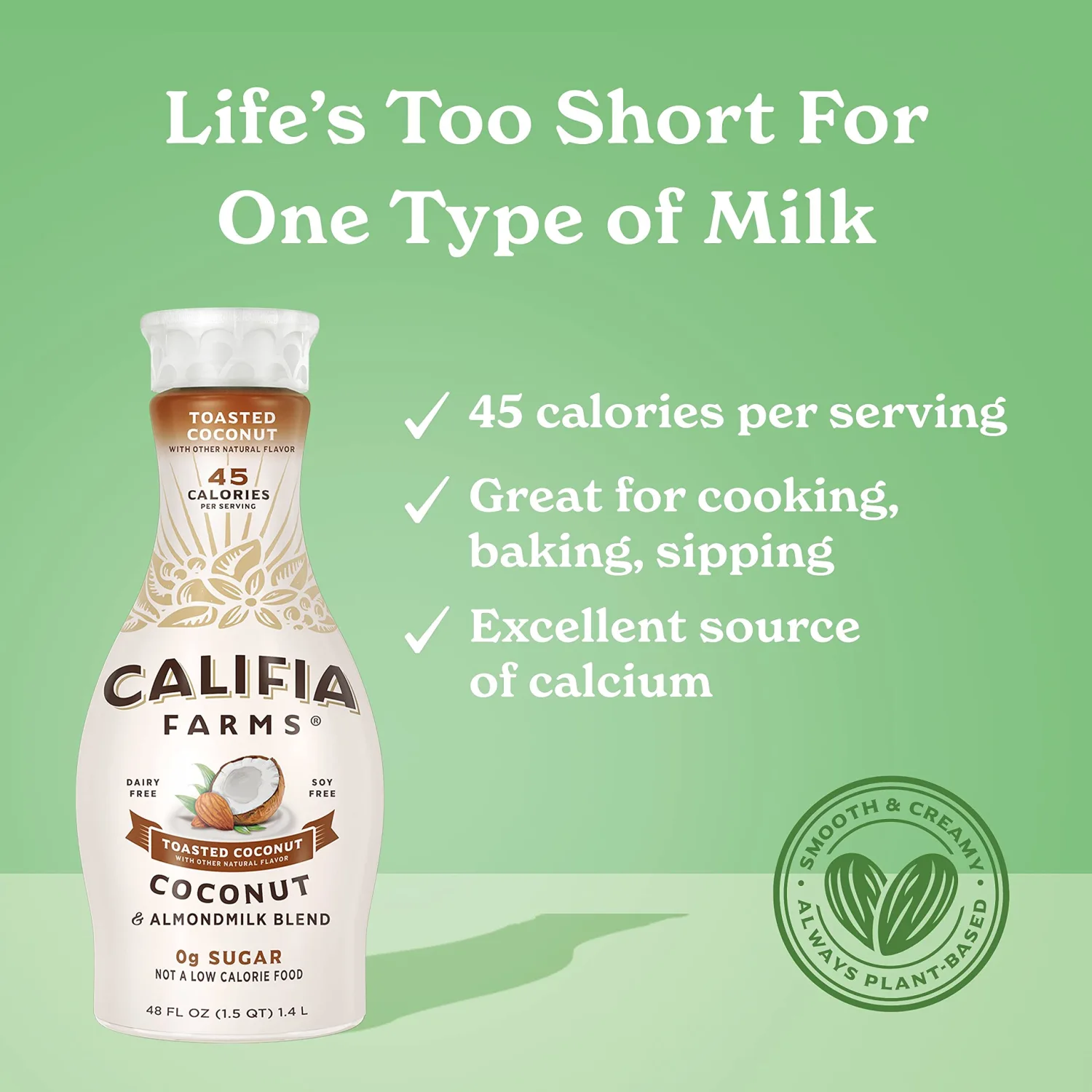 Califia Farms - Toasted Coconut Almond Milk, 48 Oz, Dairy Free, Plant Based, Vegan, Gluten Free, Non GMO, Sugar Free, High Calcium, Smoothie.