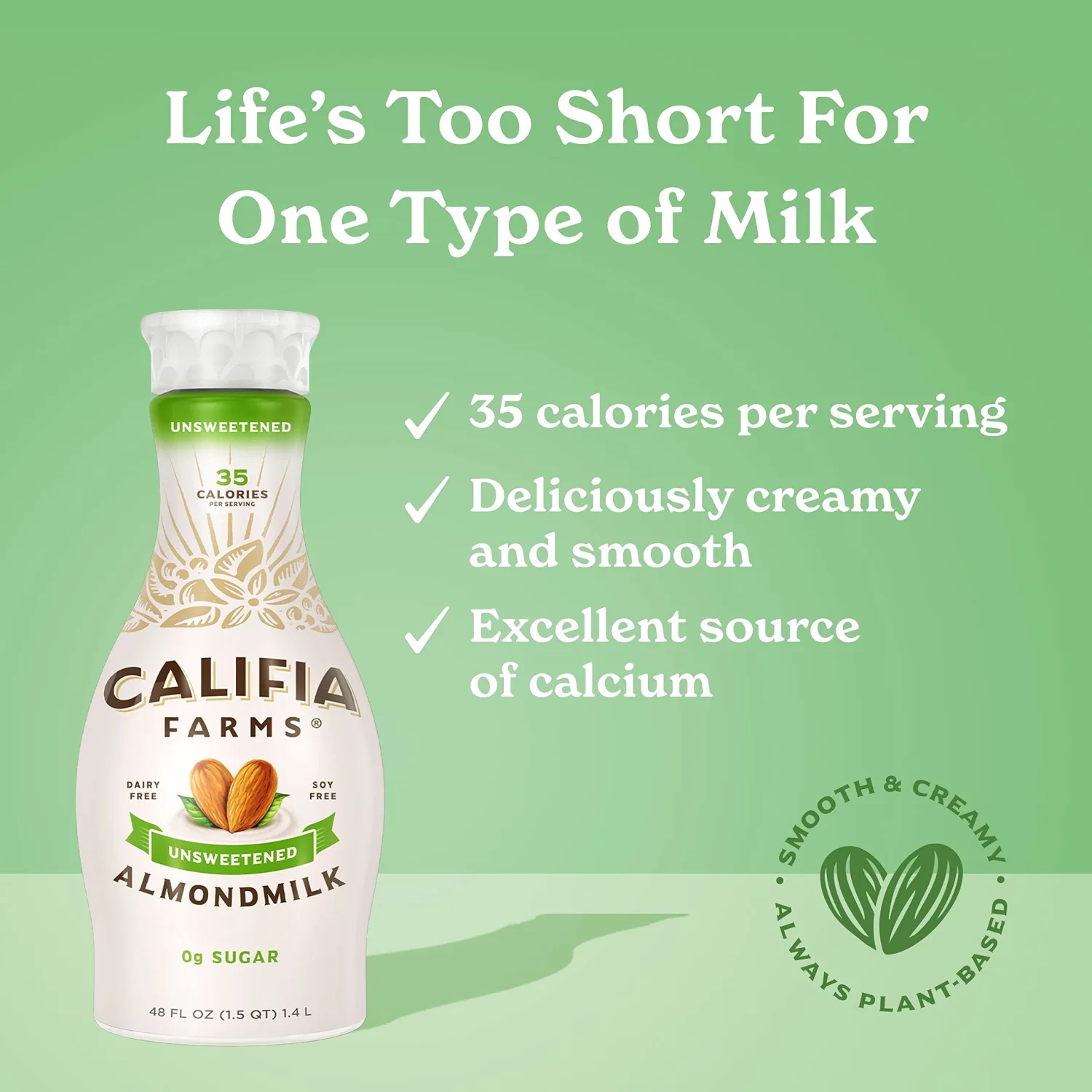 Califia Farms - Unsweetened Almond Milk, 48 Oz, Dairy Free, Vegan, Plant Based, Keto, Vegan, Gluten Free, Non GMO, Sugar Free, High Calcium, Smoothie